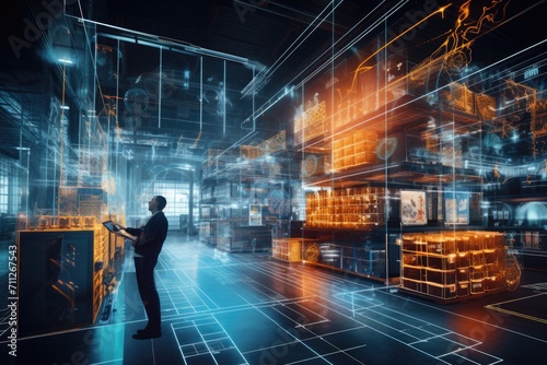 A man is seen standing in a room that is completely filled with boxes, Futuristic digital warehouse using augmented reality, AI Generated