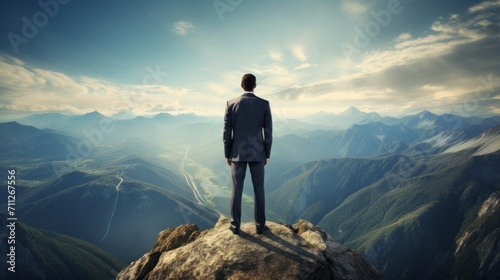 A businessman on top of a mountain looks into the distance against the background of misty mountains and blue sky. The concept of Career growth, Overcoming difficulties, Achieving Success in business. © liliyabatyrova