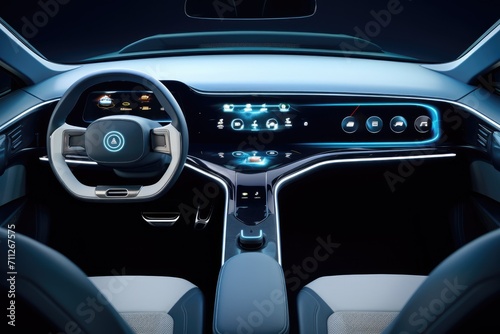 A visual of the cars interior featuring a steering wheel and dashboard, Future science fiction style, electric car dashboard steering wheel interior design, AI Generated photo