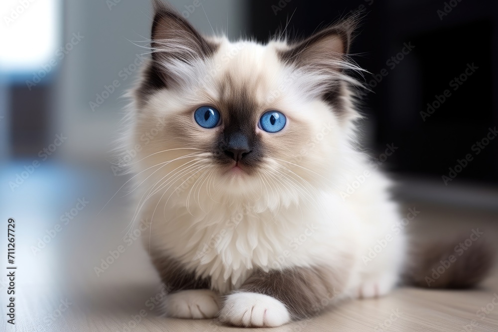 A captivating blue-eyed cat calmly resting on the floor, showcasing its serene and tranquil nature, Cute cat with blue eyes sitting on the floor and looking at the camera, AI Generated