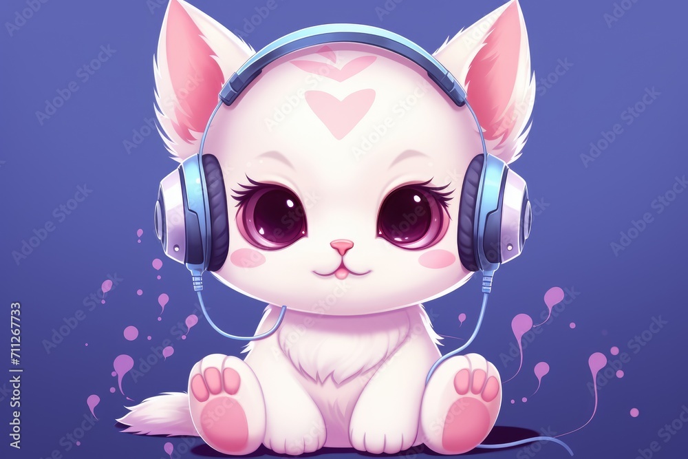 A white cat wearing headphones sitting on the ground, looking content and relaxed, Cute kawaii cat with headphones, AI Generated