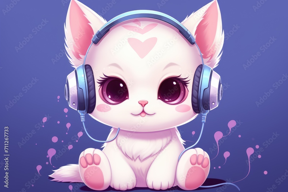 A white cat wearing headphones sitting on the ground, looking content and relaxed, Cute kawaii cat with headphones, AI Generated A white cat wearing headphones sitting on the ground, looking content and relaxed, Cute kawaii cat with headphones, AI Generated