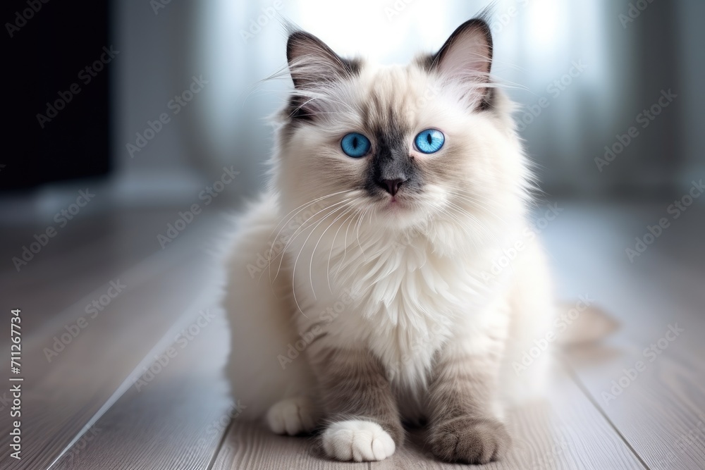 A regal cat with mesmerizing blue eyes sits gracefully on the floor, demanding attention and admiration, Cute cat with blue eyes sitting on the floor and looking at the camera, AI Generated