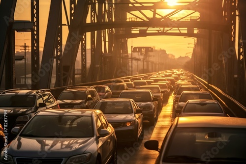 Contemporary cars stand in neat rows on city bridge creating serene moment at dusk. Evening glow bathes row of parked cars in fading light of evening