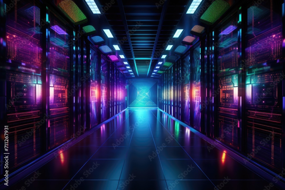 A brilliantly lit long hallway adorned with an array of vibrant lights in various colors, Data Center Server Room, Network Communication, Colorful Neon Server Racks, AI Generated
