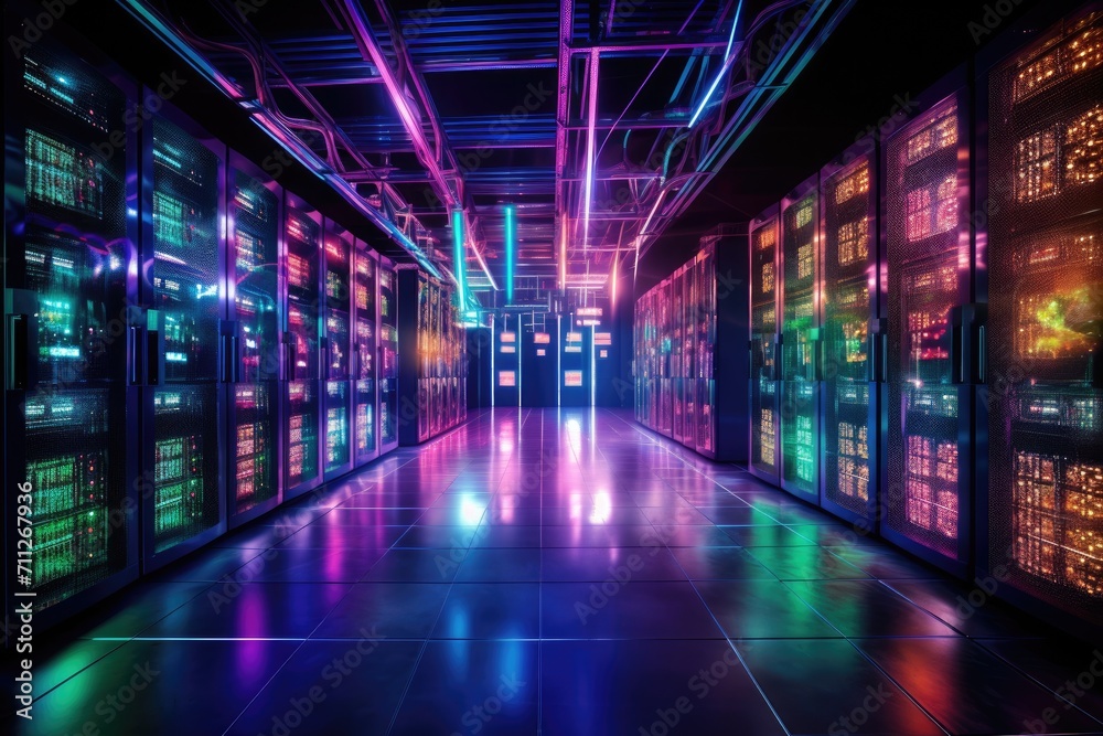 A large room filled with an abundance of colorful lights that create a mesmerizing visual spectacle, Data Center Server Room, Network Communication, Colorful Neon Server Racks, AI Generated