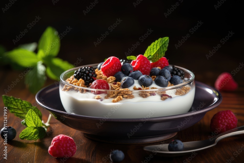Bowl of Fresh Yogurt With Berries and Granola, A Delicious and Nutritious Snack, Delicious yogurt with granola and berries in a bowl is featured in a close-up shot, AI Generated Bowl of Fresh Yogurt With Berries and Granola, A Delicious and Nutritious Snack, Delicious yogurt with granola and berries in a bowl is featured in a close-up shot, AI Generated