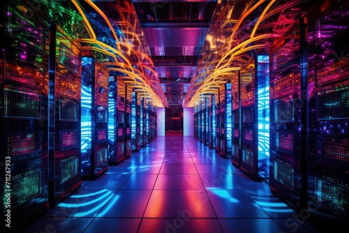 A long hallway filled with an abundance of colorful lights creates a mesmerizing, vibrant atmosphere, Data Center Server Room, Network Communication, Colorful Neon Server Racks, AI Generated