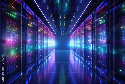 A vibrant and visually stunning hallway filled with an array of dazzling, multicolored lights, Data Center Server Room, Network Communication, Colorful Neon Server Racks, AI Generated