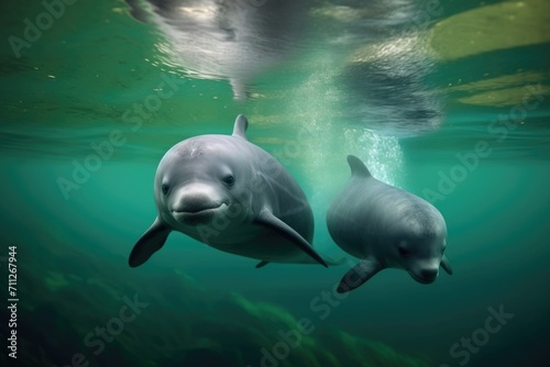 sea background. Fur seal and dolphin