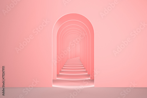 Fototapeta Naklejka Na Ścianę i Meble -  Pink surreal 3d interior render. Abstract arch corridor pastel pink background concept.