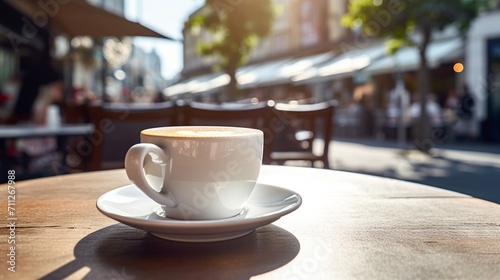 Morning coffee in outdoor cafe with city street view. White ceramic cup of hot coffee on wooden table with bokeh background of urban traffic.