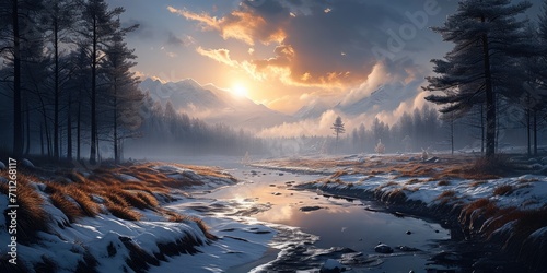 Atmospheric spring landscape with melting snow. Generative AI. © visoot