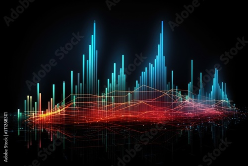 An intricate composition of lines and dots creating a visually captivating abstract background, Financial graph chart hologram on a black background, AI Generated