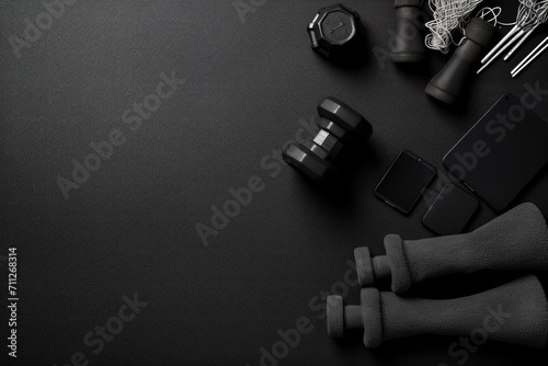A captivating black and white image capturing the essence of gym equipment in its raw form, Fitness background, black sports equipment for training, copy space, top view, AI Generated