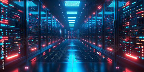 Illuminated  data server center with rows of  server racks in a technology environment,AI generated photo