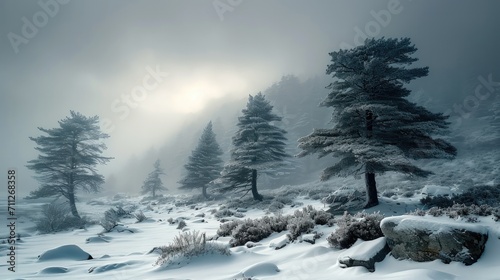 Winter meadow with snow-covered trees near a cliff in the fog during a blizzard. Generative AI.