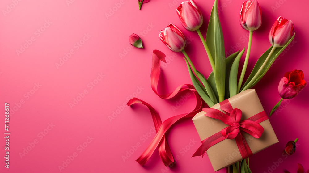 Top view of giftbox with ribbon bouquet of tulips on pink background