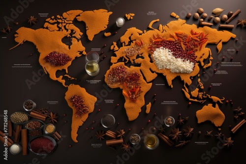 World Map Covered in Spices, Explore the Global Flavors, Follow the spice trails with a map highlighting the origins of aromatic treasures from around the world, AI Generated