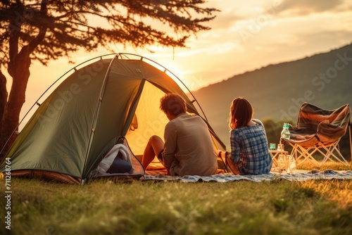 Group of People Sitting Outdoors in Front of a Tent  Enjoying the Open Air  Friends enjoying summer camping  top section cropped  side view  AI Generated