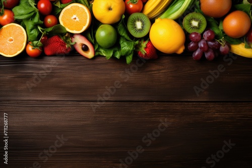 Assorted Fresh Fruits on Wooden Table for Healthy Eating and Decoration, Fresh fruits and vegetables arranged on a wooden table, forming a healthy food background, Diet concept, AI Generated