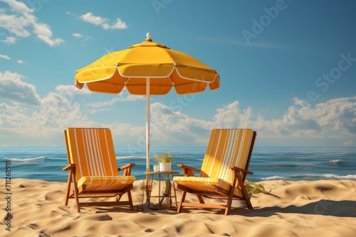 Beach Paradise  Yellow Lounge Chairs and Umbrella on a Sunny Shoreline  on an isolated Mustard Yellow background  Generative AI