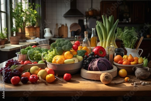 A collection of fresh fruits and vegetables beautifully arranged on a wooden table, Fruits and vegetables artfully arranged on a kitchen table, showcasing a kitchen interior, AI Generated