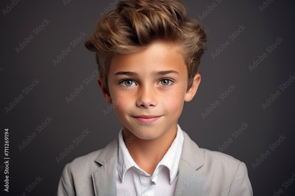 Portrait of a cute little boy in a business suit. Studio shot. Portrait of a cute little boy in a business suit. Studio shot.