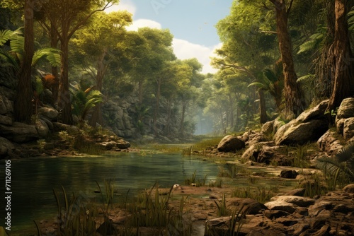 This beautiful painting captures the tranquility of a river as it winds its way through a lush forest, Mushrooms in the forest with a bokeh background, 3D rendering, AI Generated