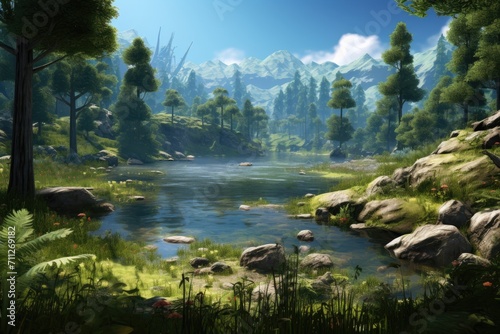 An exquisite painting that captures the beauty of a river effortlessly meandering through a dense, vibrant green forest, Mushrooms in the forest with a bokeh background, 3D rendering, AI Generated © Iftikhar alam