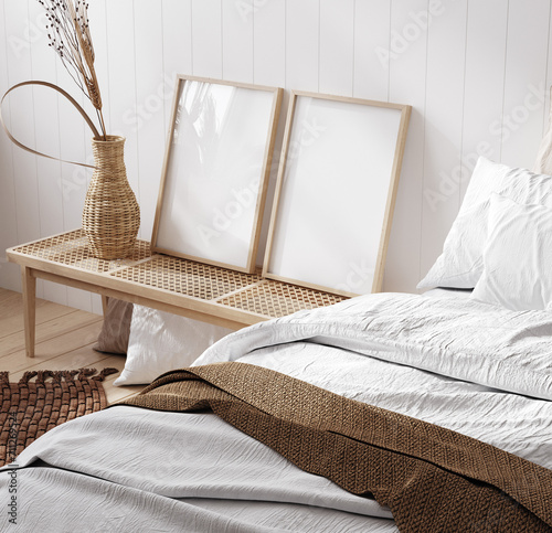 Mock up frame in cozy home interior background, coastal style bedroom, 3d render photo