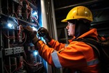 A man wearing an orange jacket and hard hat is seen working diligently on a wall, Commercial electrician working on a fuse box, AI Generated