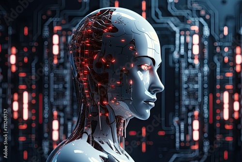 A fascinating image of a robot with glowing red eyes set against a background of a circuit board, 3D humanoid AI robot metaverse cyberspace digital world background, AI Generated