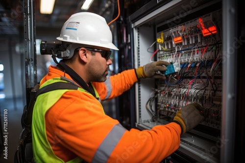 A skilled electrician wearing a hard hat and safety gear works diligently on an electrical panel, Commercial electrician working on a fuse box, AI Generated