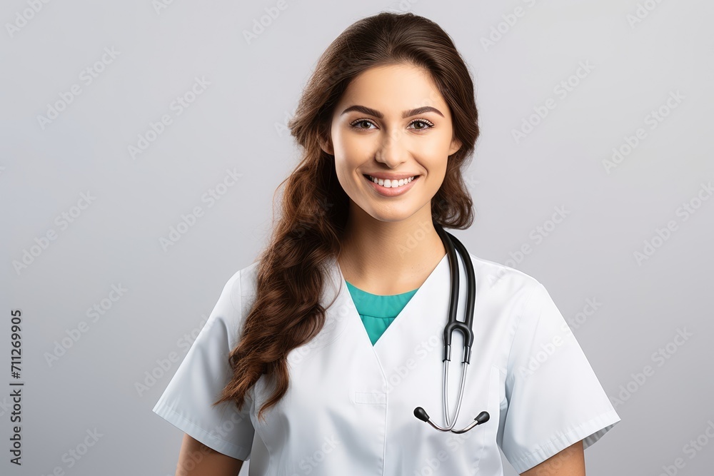Woman Wearing White Scrub Top and Stethoscope at Work, female woman doctor nurse portrait shot smiling cheerful confident standing front row in medical training class, AI Generated Woman Wearing White Scrub Top and Stethoscope at Work, female woman doctor nurse portrait shot smiling cheerful confident standing front row in medical training class, AI Generated
