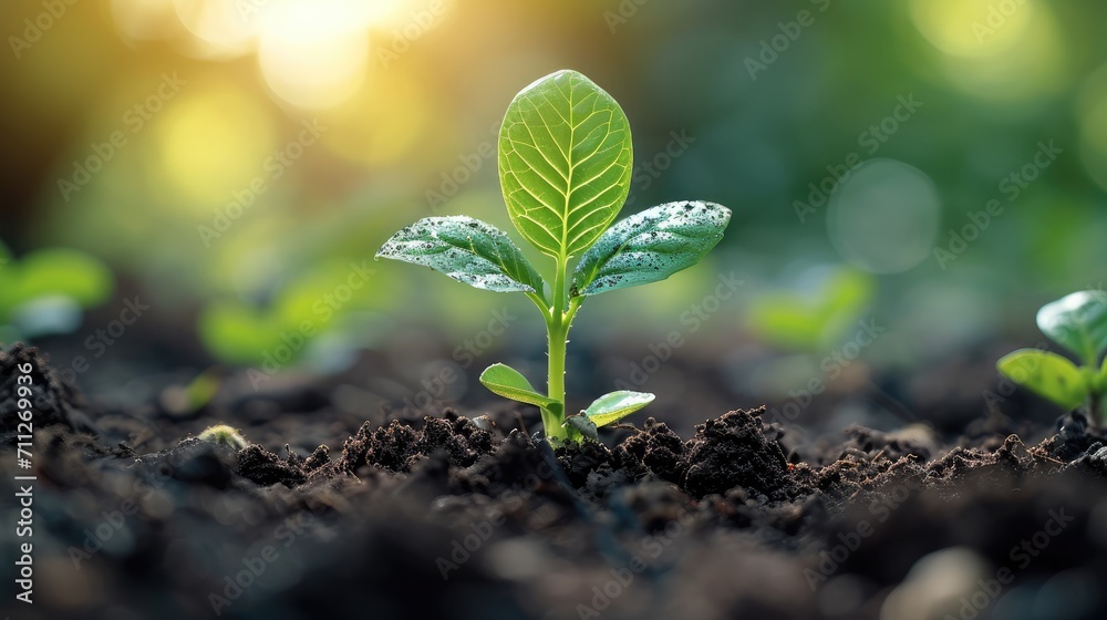 In the spring, a green plant sprouts from the ground, an asymmetric composition. Generative AI. In the spring, a green plant sprouts from the ground, an asymmetric composition. Generative AI.