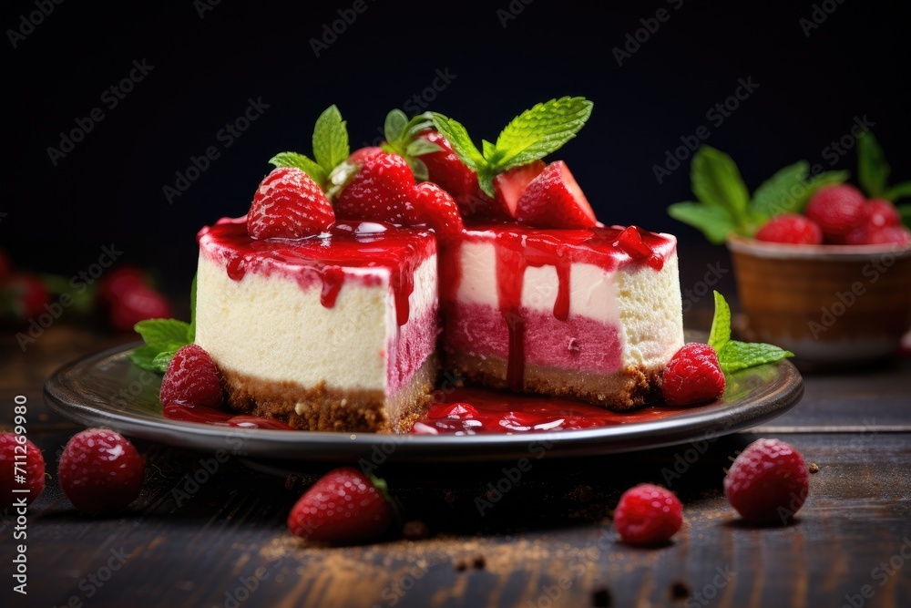 Cheesecake With Fresh Strawberries, Food photography of strawberry cheesecake, red fruits, close-up, vibrant colors, natural lighting, appetizing mood, indoor setting, AI Generated Cheesecake With Fresh Strawberries, Food photography of strawberry cheesecake, red fruits, close-up, vibrant colors, natural lighting, appetizing mood, indoor setting, AI Generated