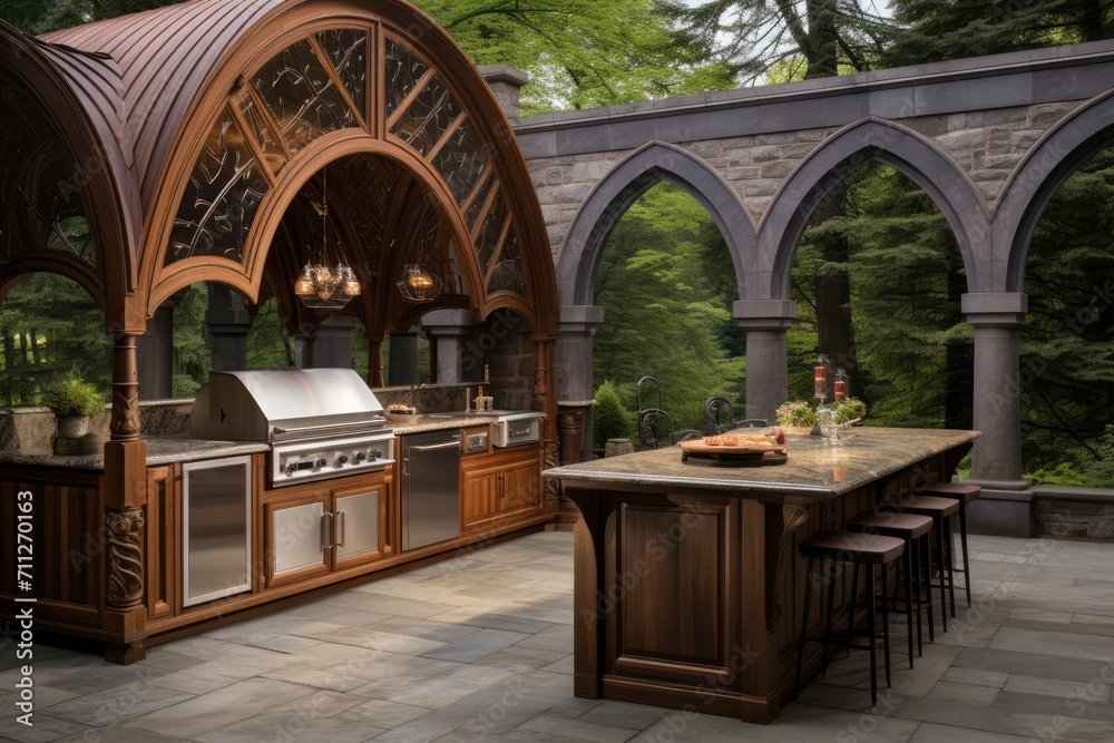 Naklejka premium Spacious Outdoor Kitchen With Oven and Grill , Front view of an outdoor BBQ area with an arched gazebo, stainless steel BBQ, ornate wooden background, wooden cabinets, and marble tops, AI Generated