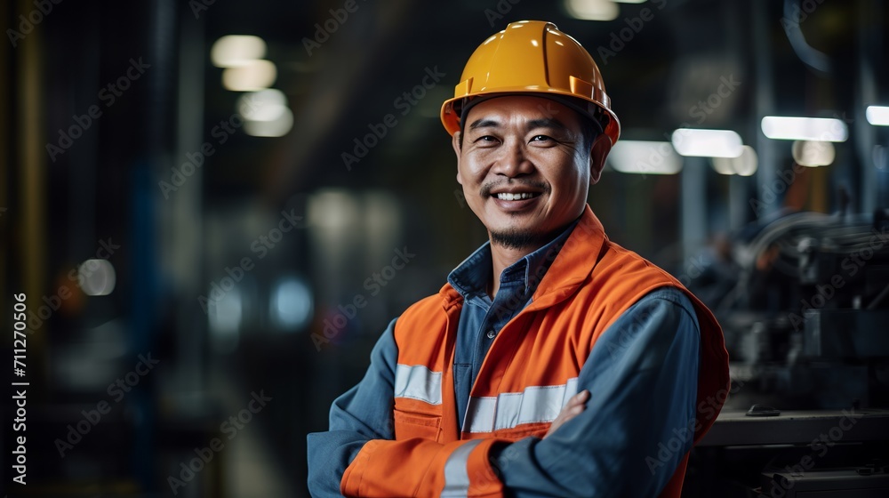 Portrait of happy Asian engineer in protective gear working in factory