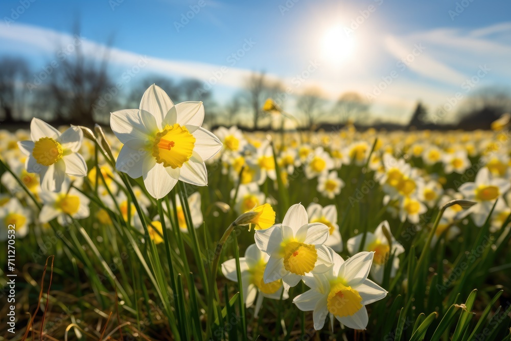 An expansive field bursts with a multitude of white and yellow flowers, creating a picturesque and mesmerizing sight, Daffodil flowers in the field, AI Generated
