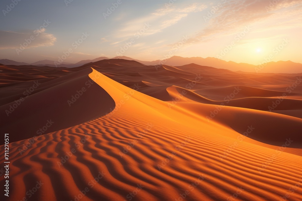 Witness the beauty of a serene sunset as the sun sets over the majestic sand dunes, Desert at sunset with shadows stretching from tall sand dunes, AI Generated