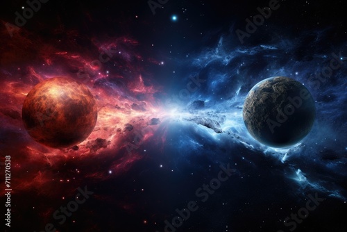 Witness the mesmerizing spectacle of two planets suspended against the backdrop of the sky, Dazzling merger of a tech galaxy and the natural universe, AI Generated photo