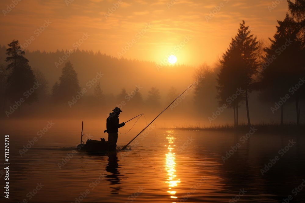 A man peacefully fishes on a calm lake as the sun sets over the horizon, fisher fishing on foggy sunrise, AI Generated