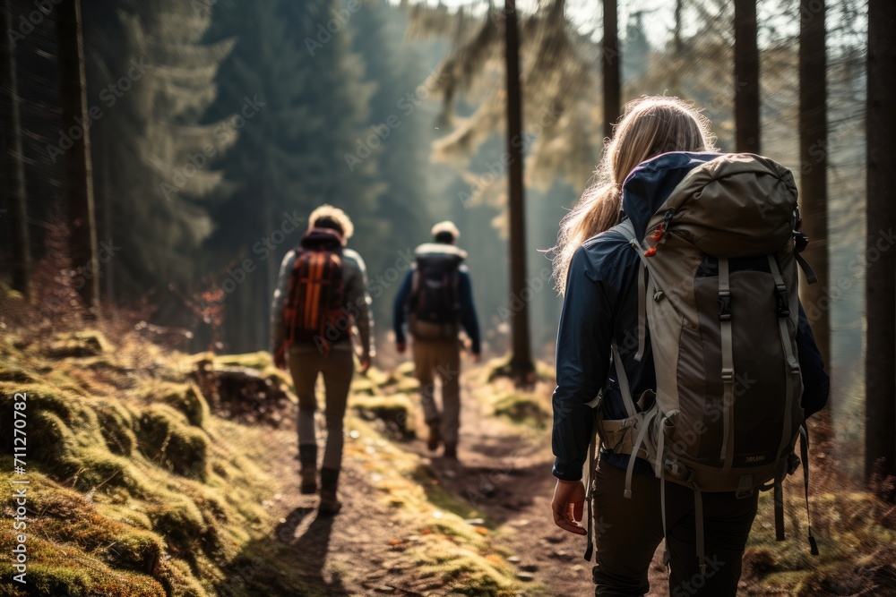 A group of individuals enjoying a hike together amidst the serene beauty of the forest, Friends hiking with backpacks and hiking poles on remote trail in woods, AI Generated