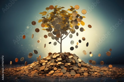 A large pile of coins sits on top of another pile, symbolizing the accumulation of wealth and financial progress, financial background , investment , opportunity, AI Generated