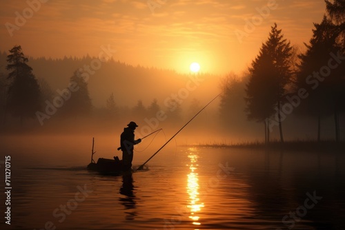 A man peacefully fishes on a calm lake as the sun sets over the horizon  fisher fishing on foggy sunrise  AI Generated
