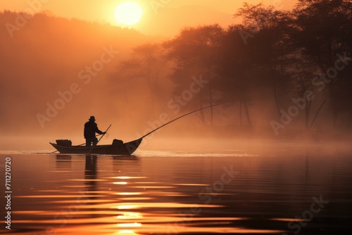 A man peacefully enjoys a serene sunset boat ride on a tranquil lake, surrounded by picturesque nature, fisher fishing on foggy sunrise, AI Generated © Iftikhar alam