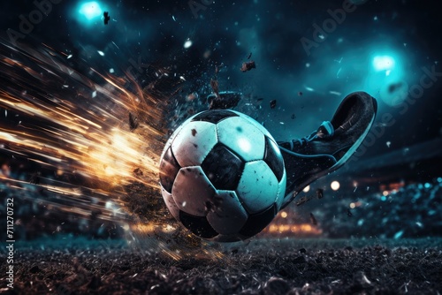 A soccer ball flies through the air as it is powerfully kicked by a player during a game, Football scene at night match with close up of a soccer shoe hitting the ball with power, AI Generated © Iftikhar alam
