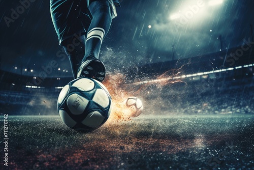 An athlete playing soccer kicks a ball on a field during an intense match, Football scene at night match with close up of a soccer shoe hitting the ball with power, AI Generated © Iftikhar alam