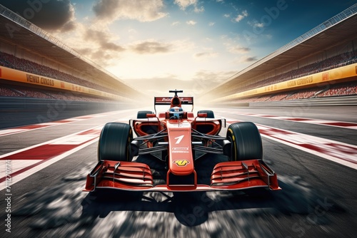 A red race car zooms past on a track with thrilling speed and precision, Formula one race car crossing finish line on sports track, AI Generated photo
